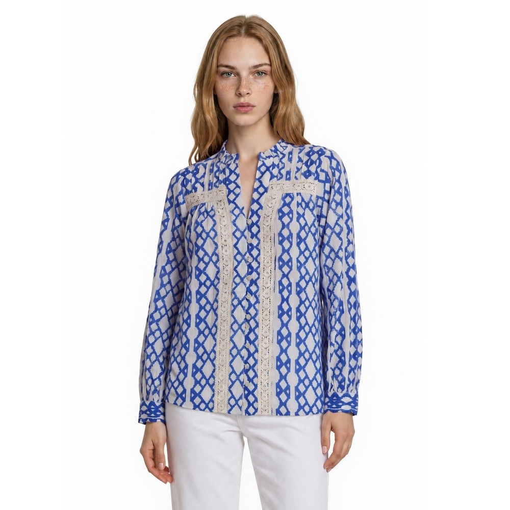 NWT Pink Lemons 100% Organic Cotton Blouse Womens Size Small Blue White Lace Top